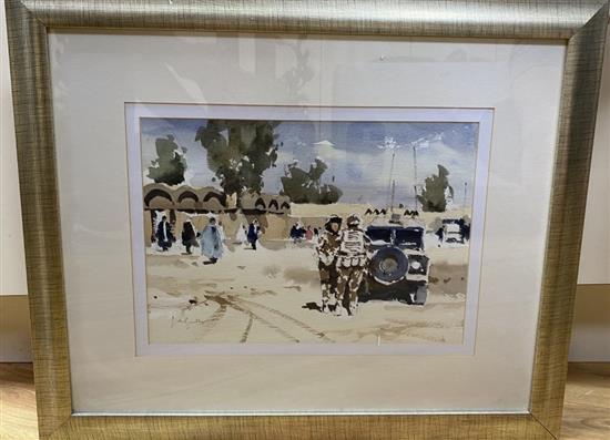 John Yardley (1933-), watercolour, British Troops and landrover beside an Afghan village, signed, 23 x 33cm